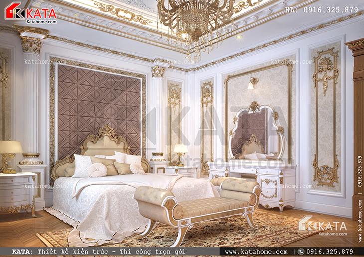 Cách bài trí cho phòng ngủ tầng 1 của mẫu thiết kế biệt thự đẹp 4 tầng tân cổ điển
