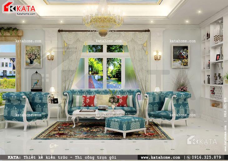 Thiết kế nội thất biệt thự tân cổ điển cho không gian tiếp khách vô cùng nổi bật với tone màu xanh