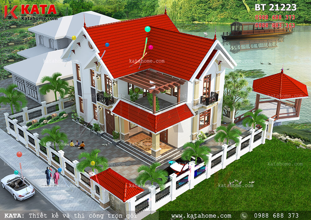 Phối cảnh tổng thể của mẫu thiết kế biệt thự sân vườn 2 tầng mái Thái đơn giản, hiện đại tại Thái Bình