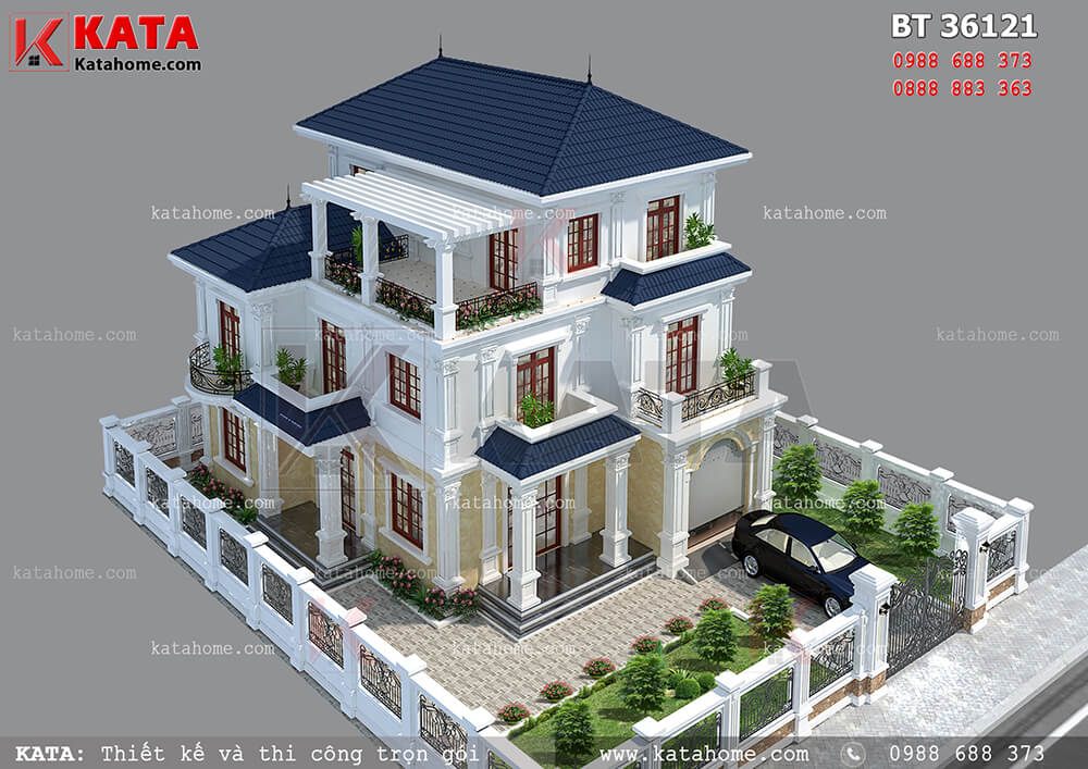 Phối cảnh tổng thể của mẫu thiết kế biệt thự mái Thái 3 tầng từ trên cao