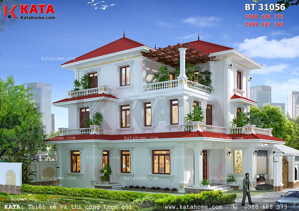 Hệ thống mái Thái đỏ tươi giúp cho vẻ đẹp của mẫu thiết kế biệt thự đẹp 3 tầng hiện đại được nâng tầm