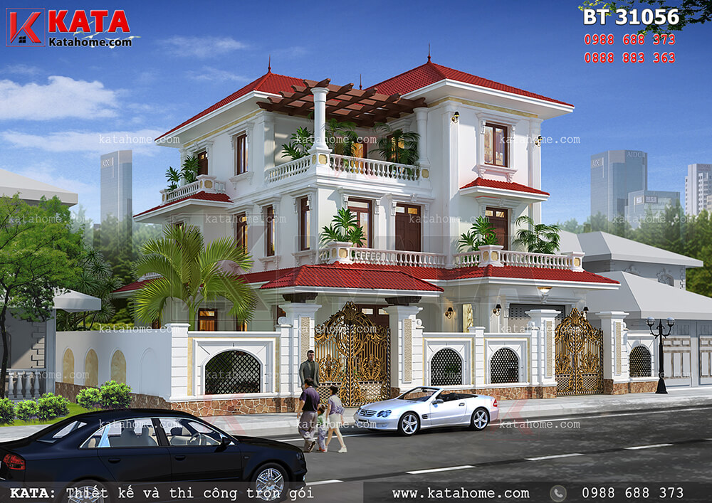 Toàn cảnh mặt tiền của mẫu thiết kế biệt thự đẹp 3 tầng hiện đại của gia đình anh Duy tại Phú Thọ