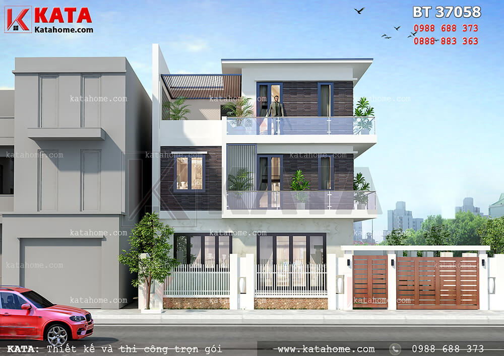 Phối cảnh mặt tiền chính của mẫu nhà phố 3 tầng hiện đại tại Bình Phước - Mã số: BT 37058