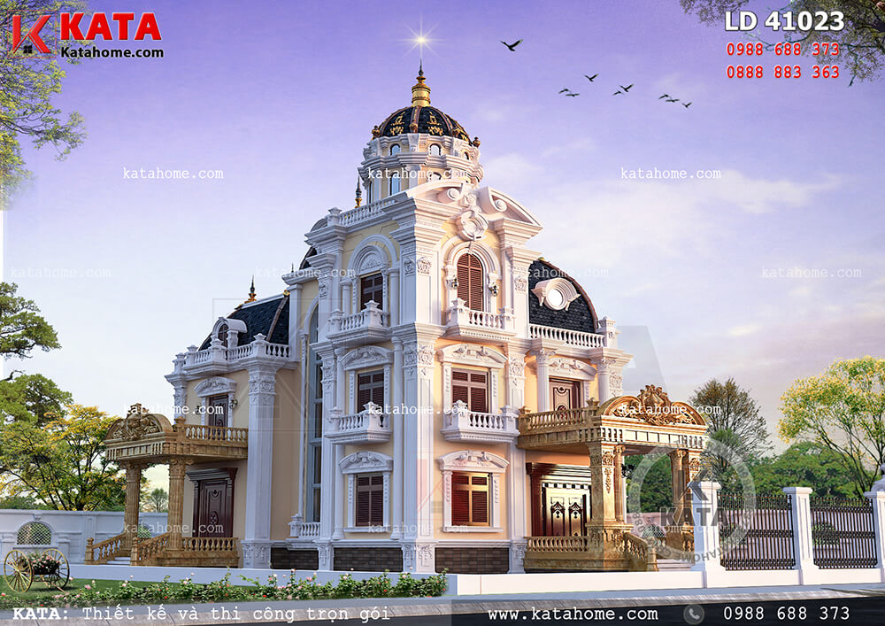 Phối cảnh 3D chi tiết không gian ngoại thất của mẫu biệt thự lâu đài đẹp 3 tầng cổ điển tại Nam Định - Mã số: LD 41023