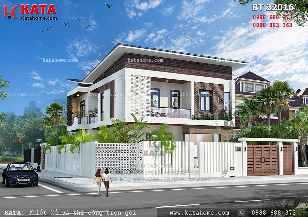 Phối cảnh 3D chi tiết của mẫu thiết kế biệt thự nhà vườn 2 tầng mái chéo siêu đẹp tại Thái Bình - Mã số: BT 22016