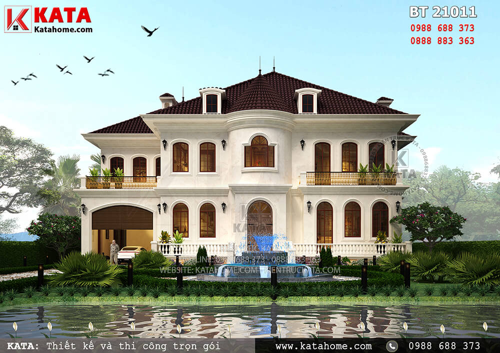 Phối cảnh 3D tổng thể chi tiết không gian ngoại thất của mẫu thiết kế biệt thự Pháp nhà vườn 2 tầng tại Vĩnh Phúc 