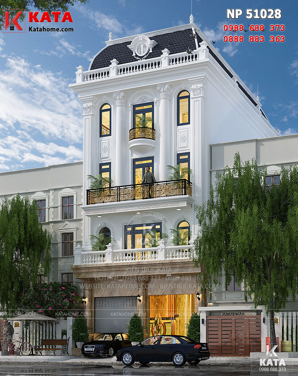 Phối cảnh 3D chi tiết của mẫu thiết kế khách sạn nhà phố tân cổ điển 5 tầng tại Hà Nội - Mã số: NP 51028