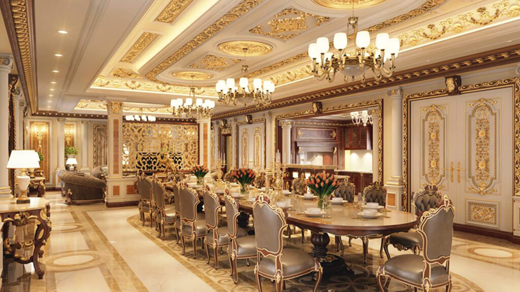Mẫu thiết kế nội thất phòng ăn tân cổ điển đẹp có sức chứa lớn cho đại gia đình