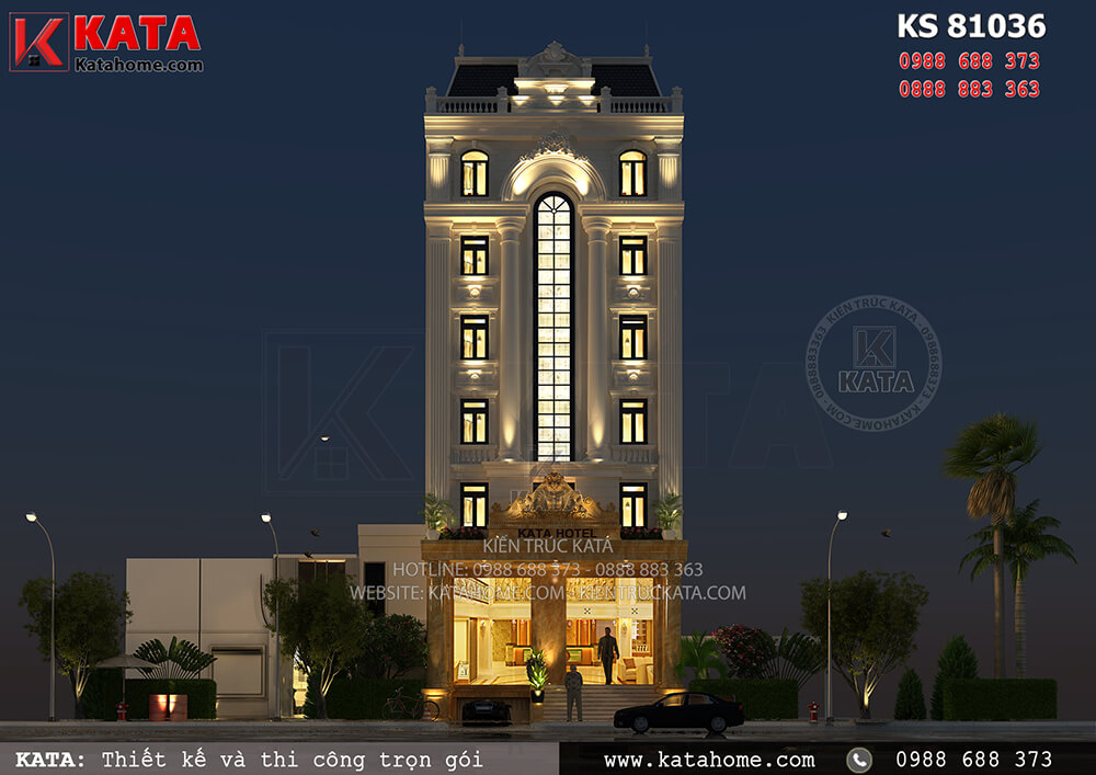 Không gian ngoại thất của mẫu thiết kế nhà nghỉ khách sạn Thanh Hóa hiện lên vô cùng đẹp mắt khi trời về đêm bởi ánh sáng nhân tạo