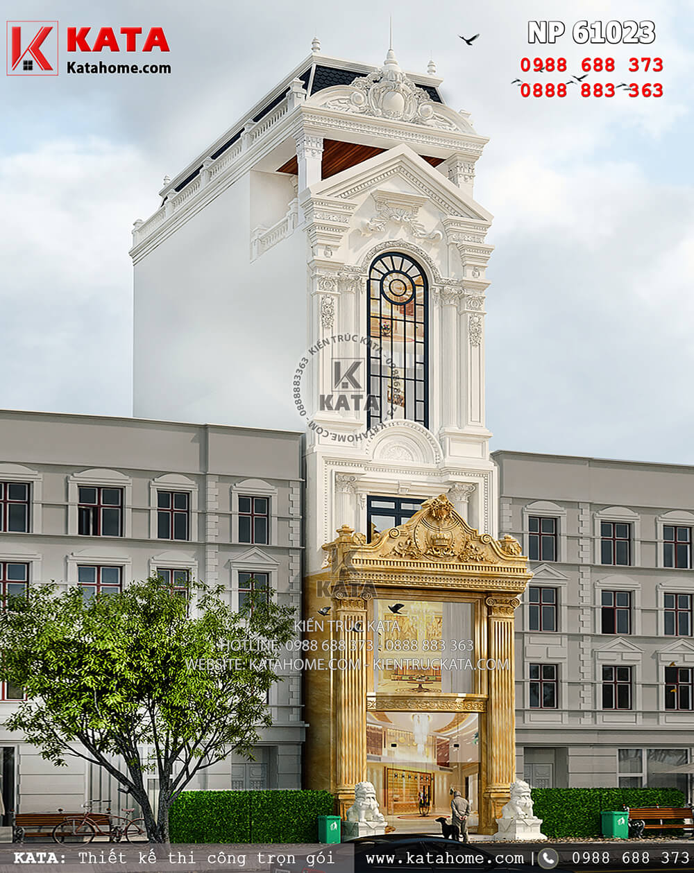 Phối cảnh ngoại thất của mẫu thiết kế nhà ống mặt tiền 5m mang phong cách kiến trúc Pháp tân cổ điển tại Hà Nội - Mã số: NP 61023
