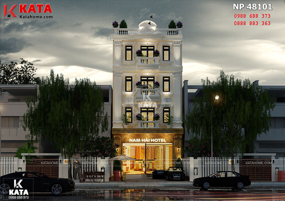 Phối cảnh mặt tiền của mẫu thiết kế nhà nghỉ - khách sạn 4 tầng tân cổ điển tại Vĩnh Phúc - Mã số: NP 48101