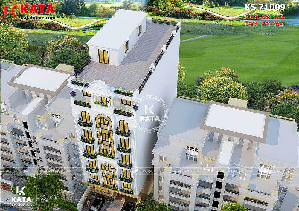 Không gian ngoại thất của mẫu khách sạn 3 sao Hà Nội khi được nhìn từ trên cao xuống
