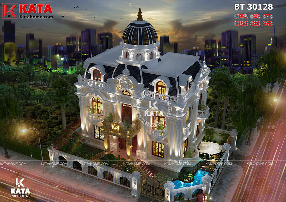Phối cảnh tổng thể 3D chi tiết của mẫu biệt thự tân cổ điển 2 tầng 1 tum tại KĐT Phú Mỹ Hưng – Sài Gòn