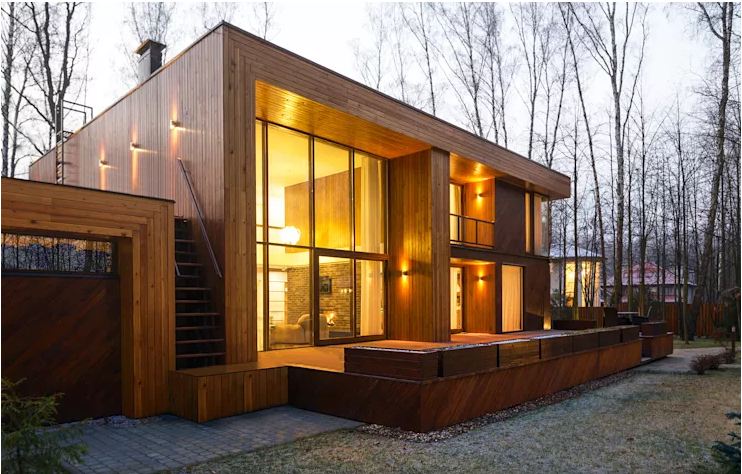Thiết kế nhà gỗ đẹp 2 tầng mái bằng