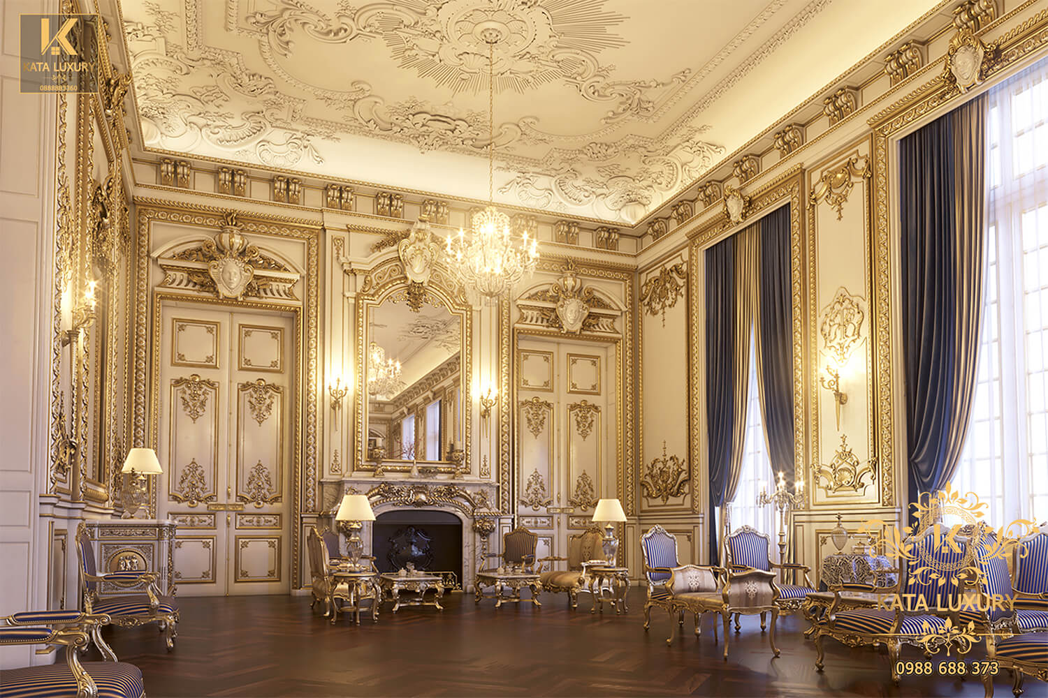 Thiết kế phòng khách tân cổ điển với nội thất cung điện đẹp