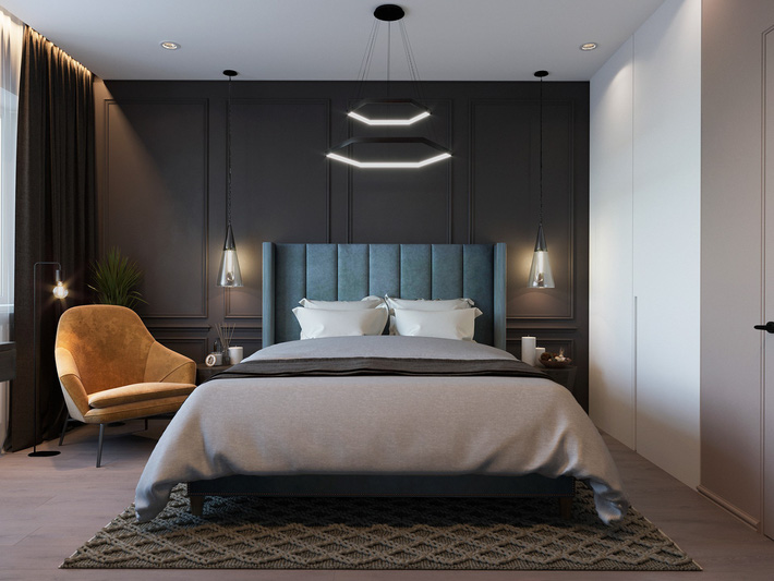 Phòng ngủ master được bố trí với gam màu trầm và nhiều chi tiết ấn tượng