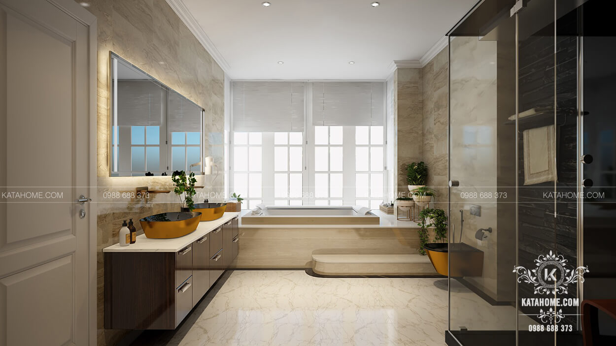 Thiết kế nội thất phòng tắm đẹp sang trọng hiện đại hơi hướng tân cổ điển