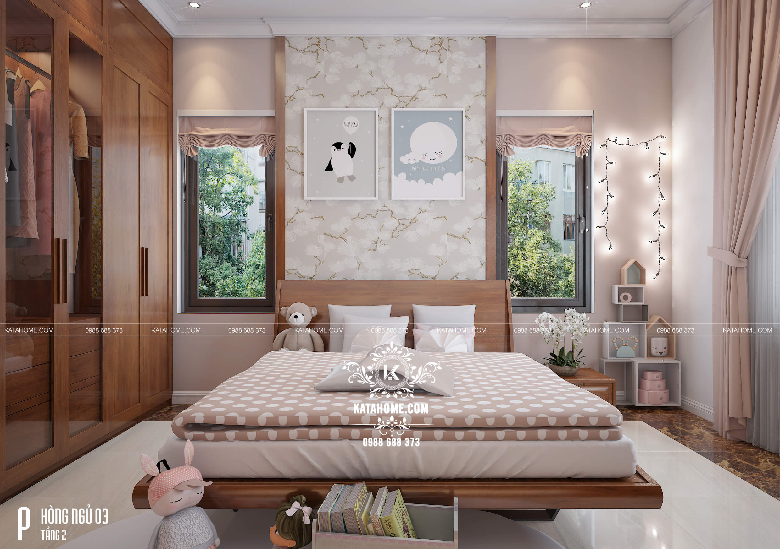 Phối cảnh 3D phòng ngủ đẹp, sang trọng của biệt thự hiện đại mái Thái tại An Giang