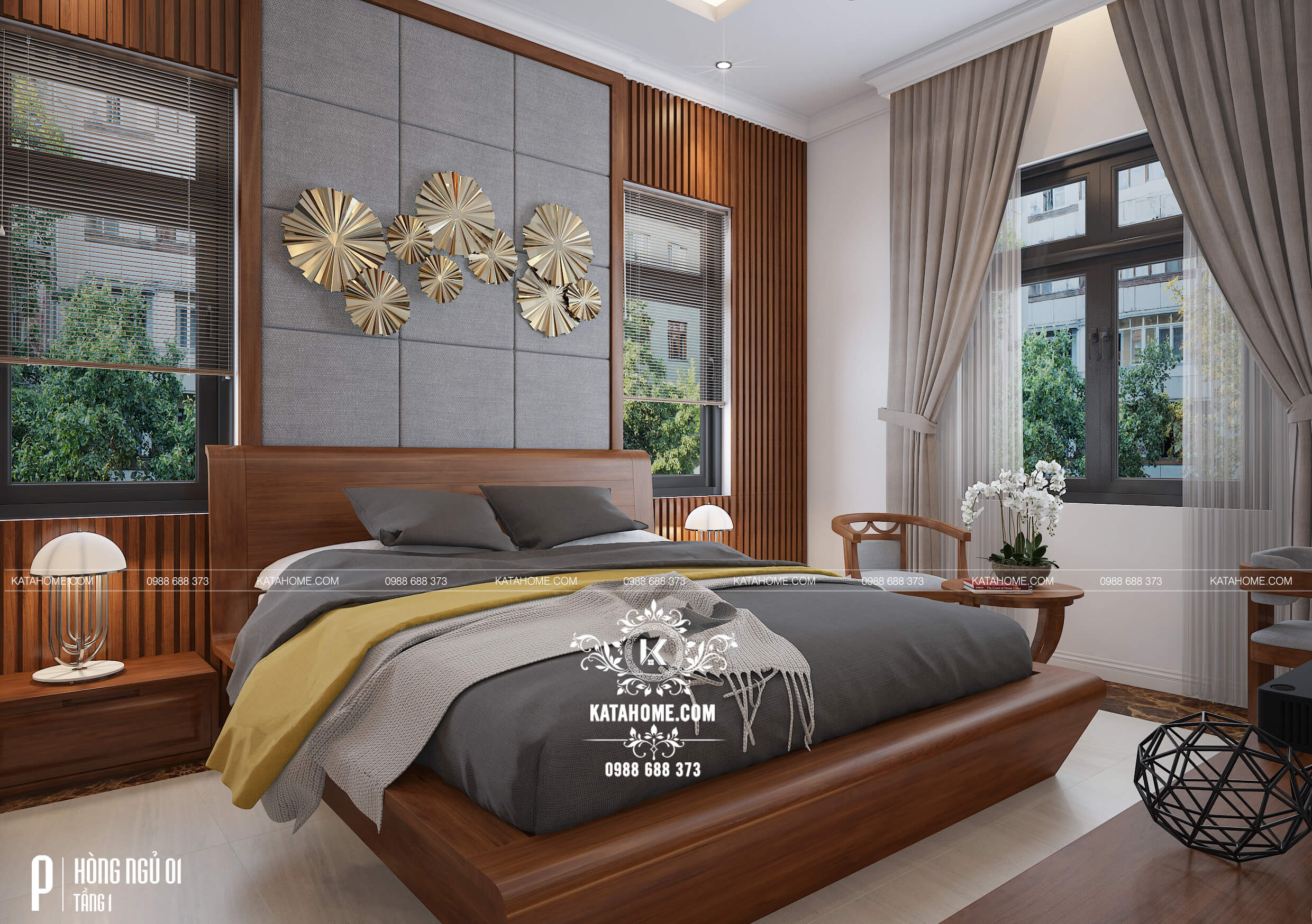 Phối cảnh 3D phòng ngủ đẹp, sang trọng của biệt thự hiện đại mái Thái tại An Giang