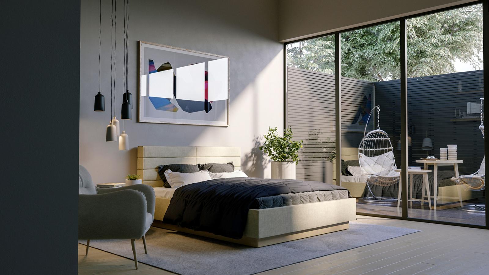 Kiến trúc sư thiết kế phòng ngủ master rộng thoáng, có cửa kính mở ra góc thư giãn sân sau.