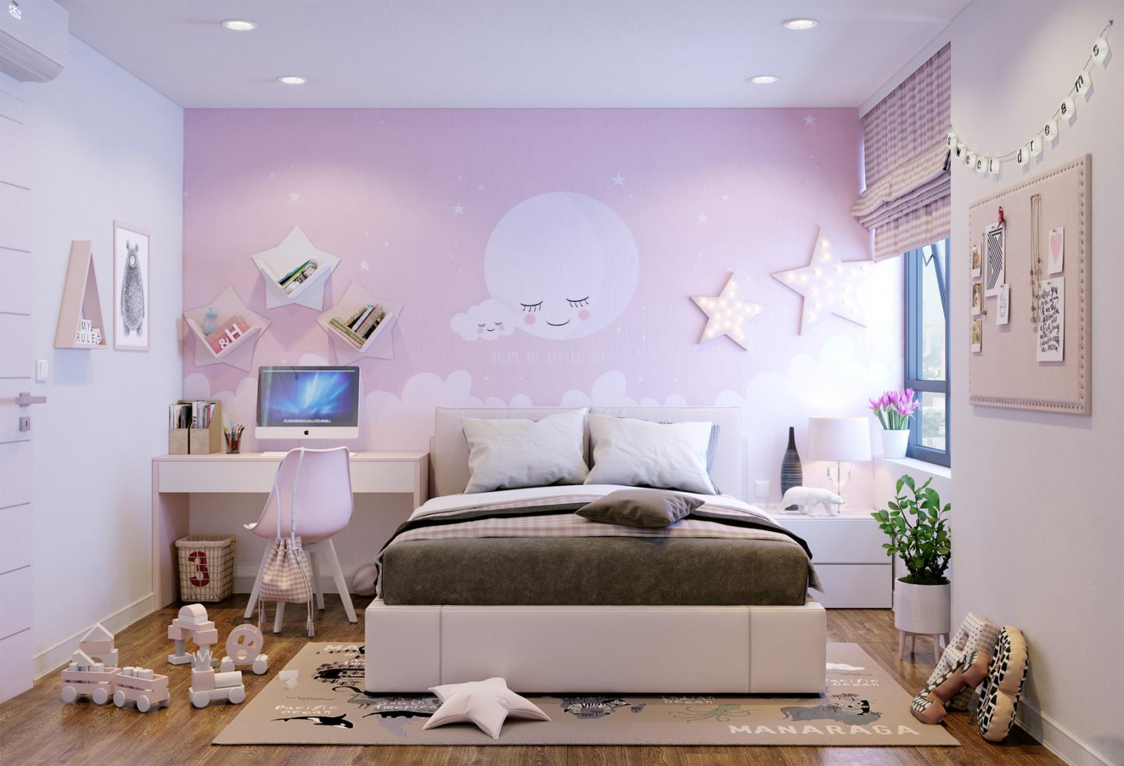 Không gian riêng của cô con gái nhỏ được bài trí với tông màu hồng phấn ngọt ngào.