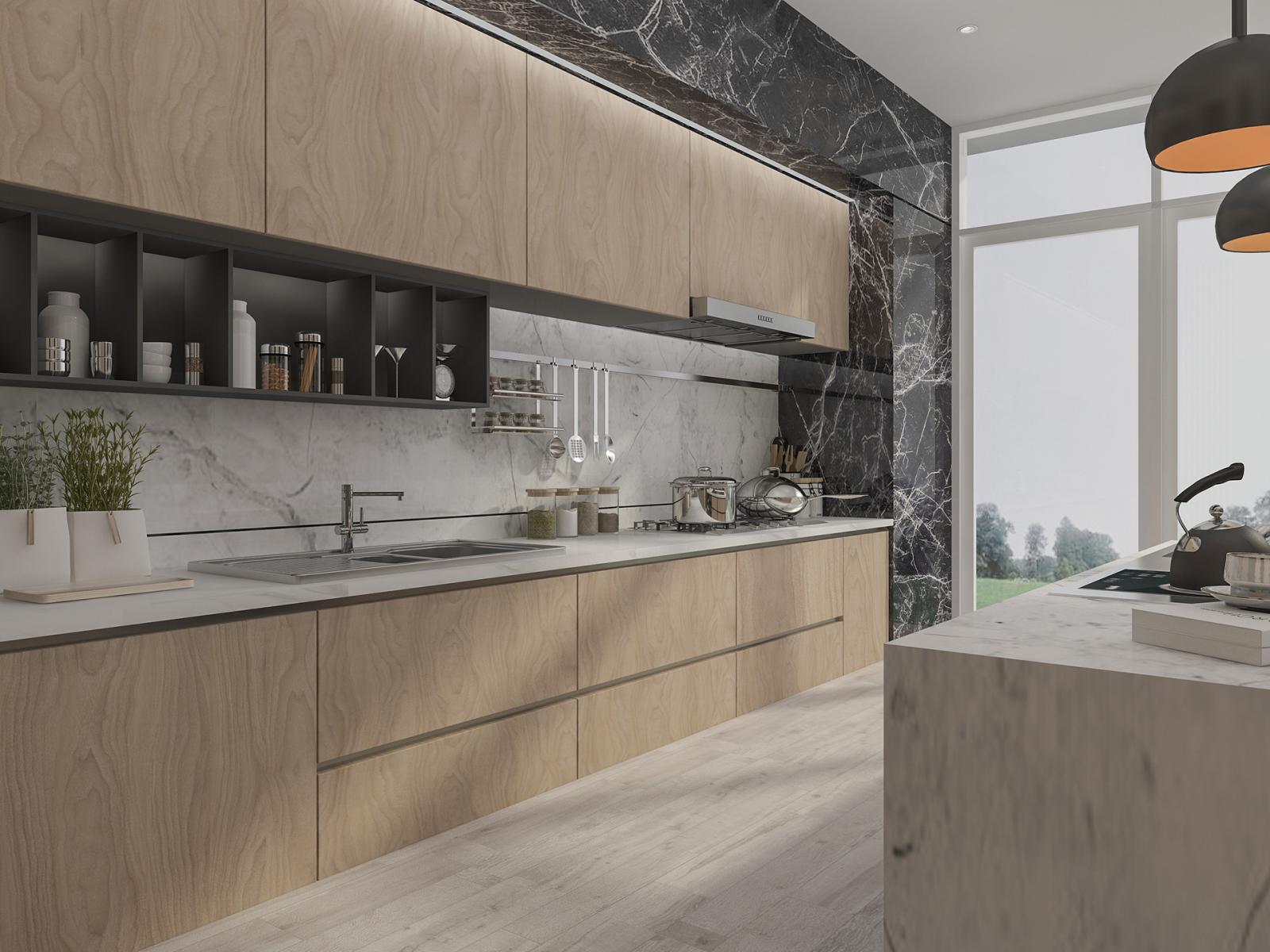 Đường viền bằng đá cẩm thạch màu đen bao quanh hệ tủ bếp bằng gỗ tạo cảm giác vững chãi, sang trọng hơn cho căn phòng.