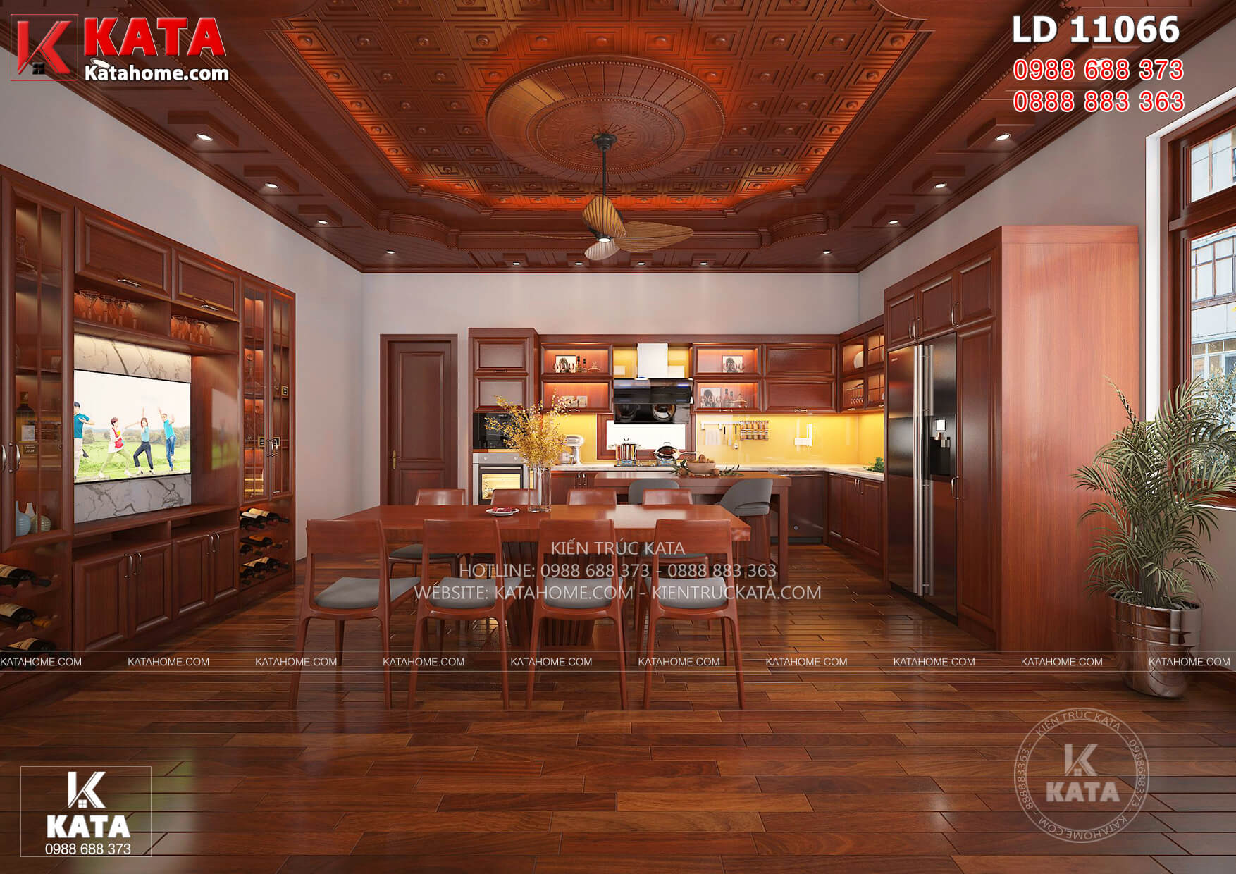 Thiết kế nội thất phòng bếp trần gỗ cao cấp đẹp đến từng chi tiết nhỏ mẫu biệt thự vườn 300m2