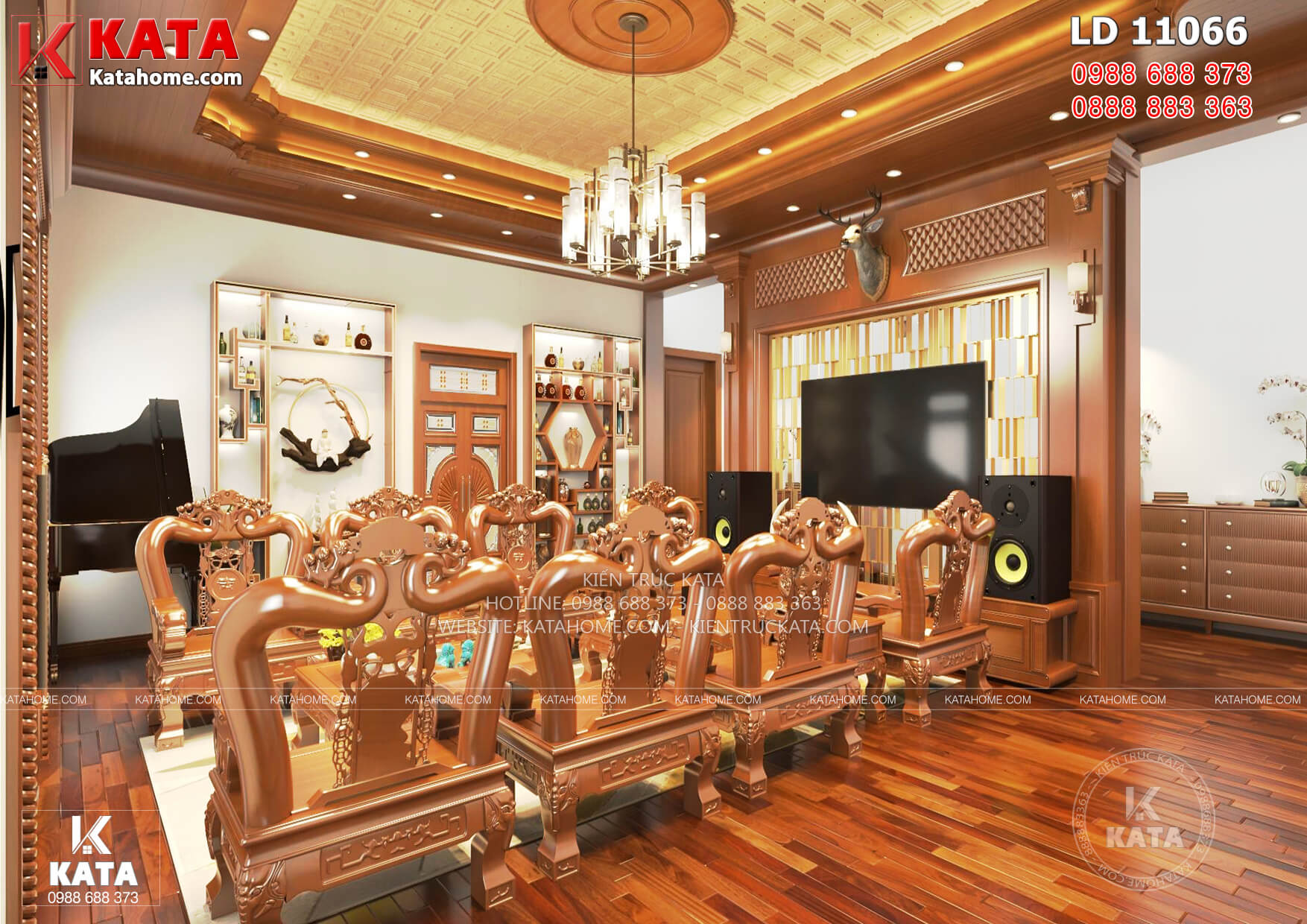 Thiết kế nội thất phòng khách toàn bộ bằng gỗ cao cấp của mẫu biệt thự vườn 1 tầng BT 11066