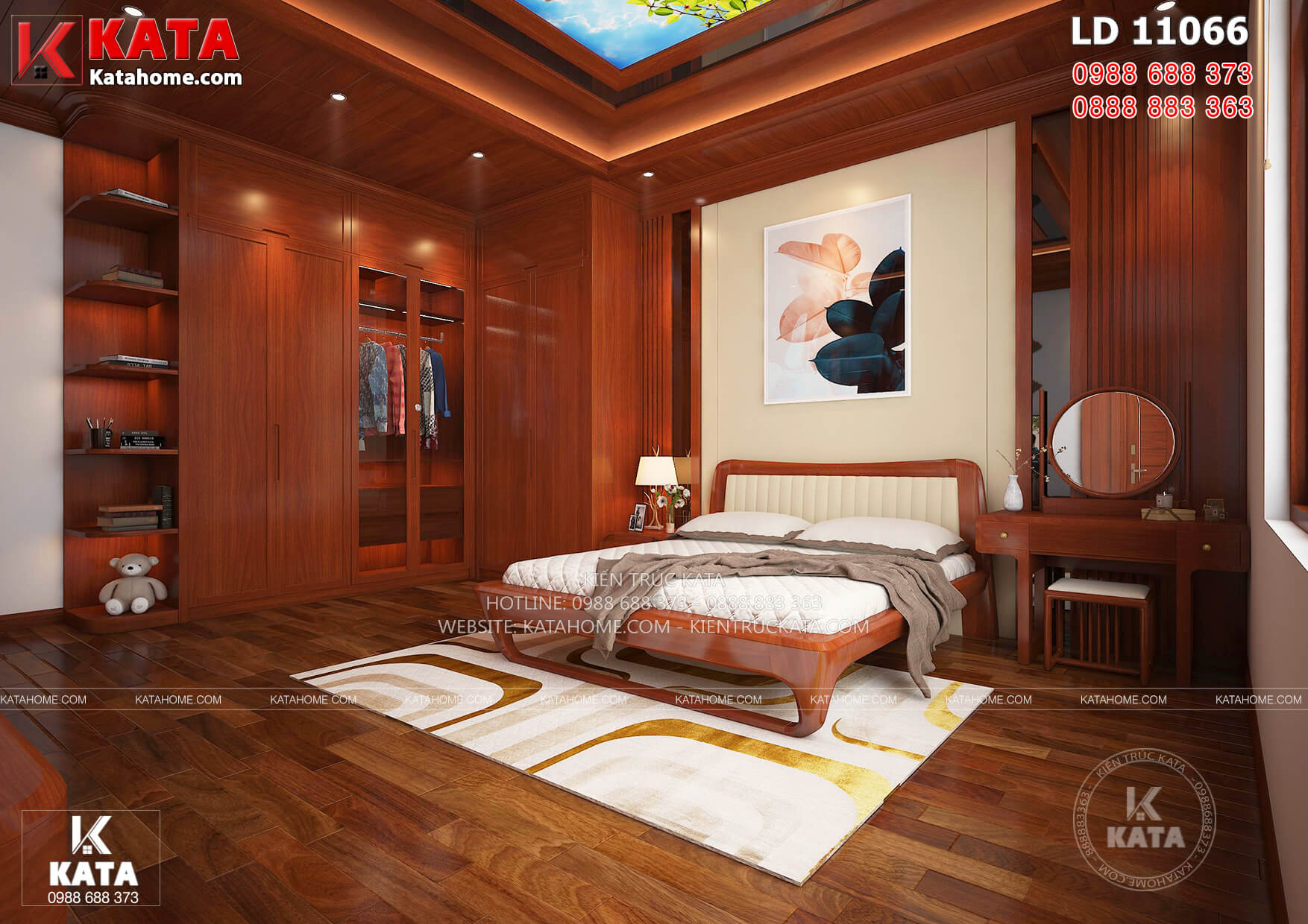 Thiết kế nội thất phòng ngủ master với trần sàn đồ nội thất bằng gỗ đắt giá của mẫu nhà vườn 1 tầng BT 11066