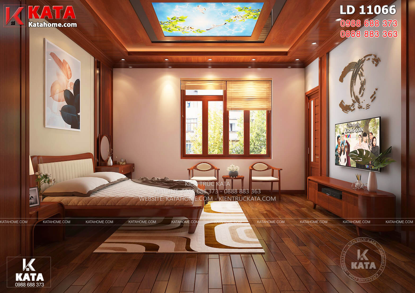 Thiết kế nội thất phòng ngủ bố mẹ với trần gỗ đắt giá của mẫu nhà vườn 1 tầng BT 11066