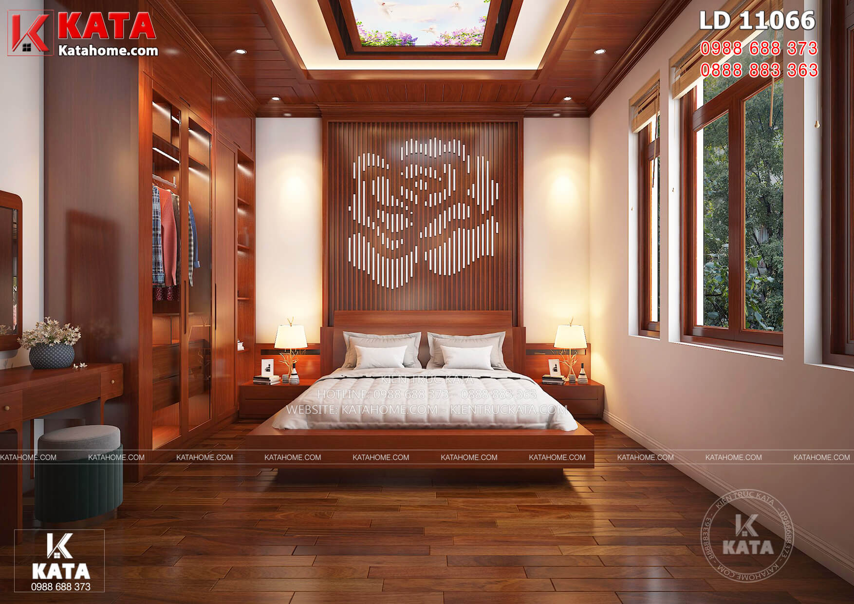 Thiết kế nội thất phòng ngủ con gái với trần gỗ và đồ nội thất gỗ sang trọng, đẳng cấp