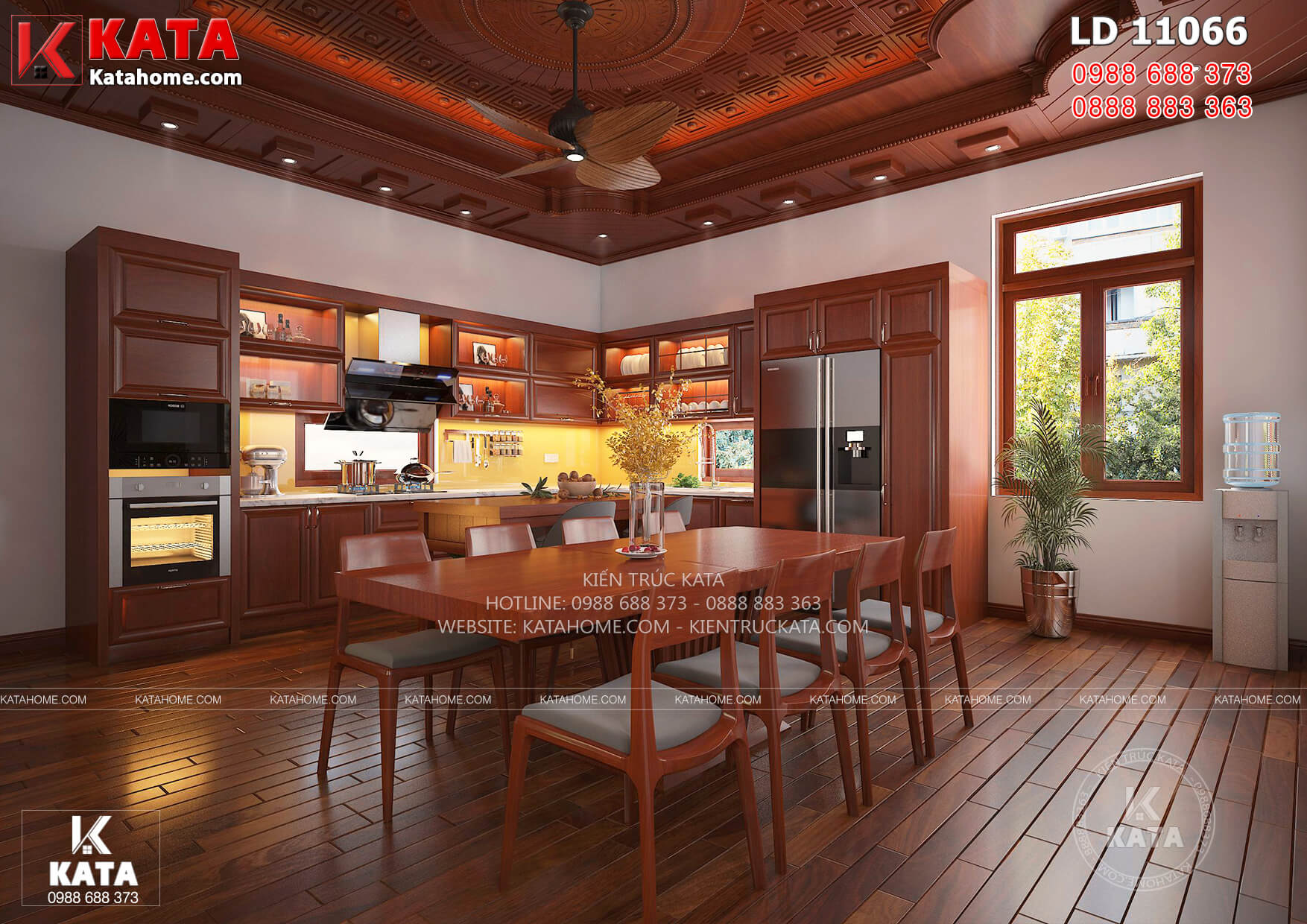 Thiết kế nội thất phòng bếp ăn với trần gỗ, sàn gỗ và đồ nội thất gỗ
