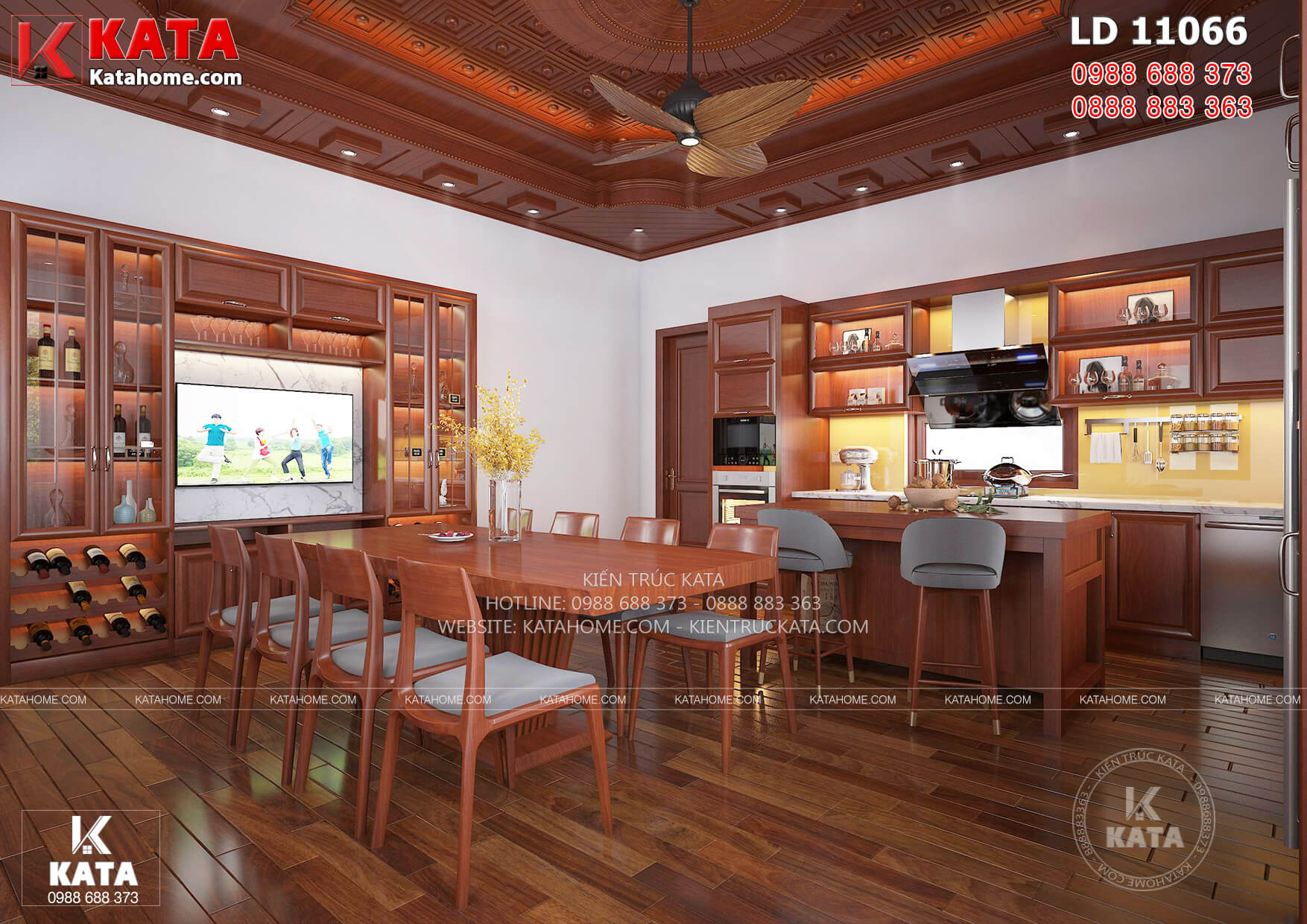 Thiết kế nội thất phòng bếp ăn với trần gỗ, sàn gỗ và đồ nội thất gỗ