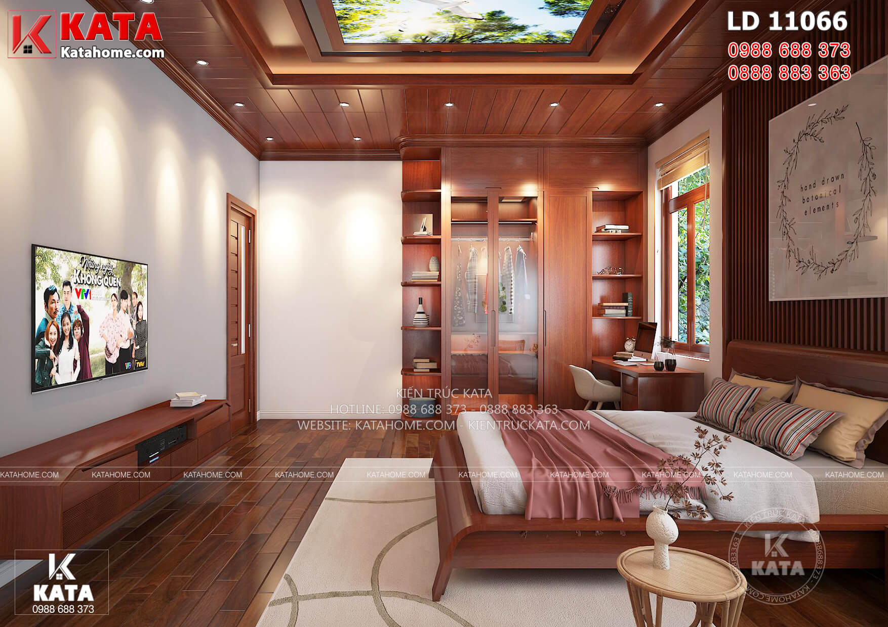 Thiết kế nội thất phòng ngủ con trai đẹp khỏe khoắn lịch lãm với trần gỗ, sàn gỗ và đồ nội thất gỗ