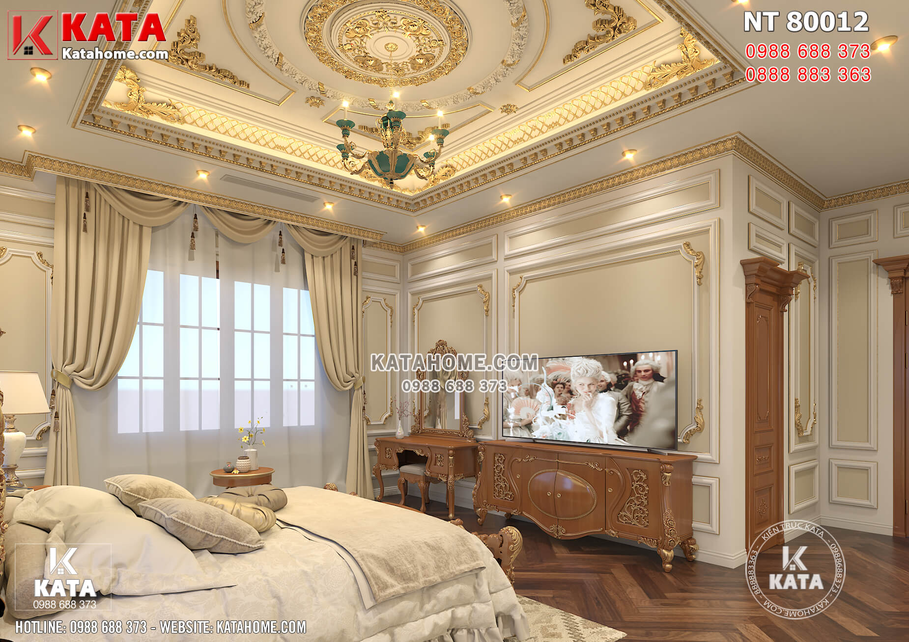 Phòng ngủ gây ấn tượng với trần thạch cao cùng hệ hoa văn phào chỉ dát vàng lộng lẫy