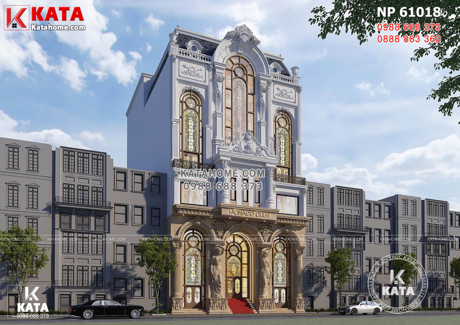 Phối cảnh 3D ngoại thất mẫu thiết kế nhà phố tân cổ điển kết hợp kinh doanh