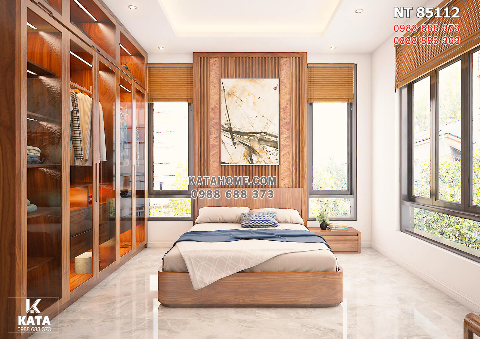 Hình ảnh: Không gian phòng ngủ được thiết kế bằng gỗ óc chó