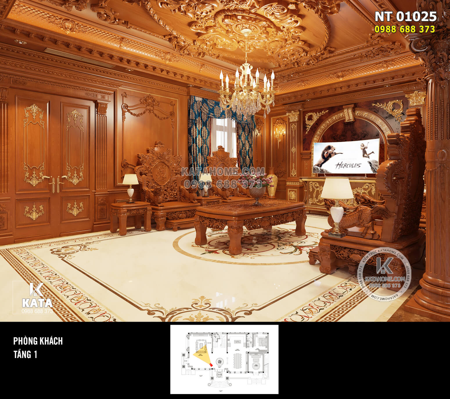 Thiết kế nội thất phòng khách ấn tượng với hệ gỗ trần tường bằng gỗ gõ đỏ tự nhiên cao cấp