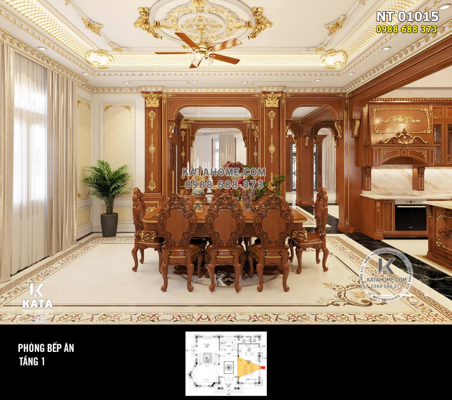 Toàn cảnh căn bếp tân cổ điển với phào chỉ dát vàng và đồ nội thất bằng gỗ gõ đỏ.