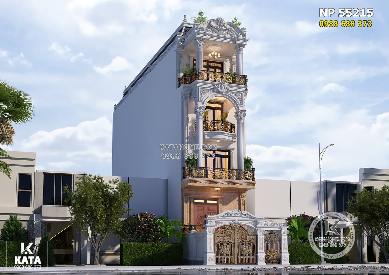 Phối cảnh 3D ngoại thất mẫu thiết kế nhà phố mặt tiền 5m 4 tầng 1 tum