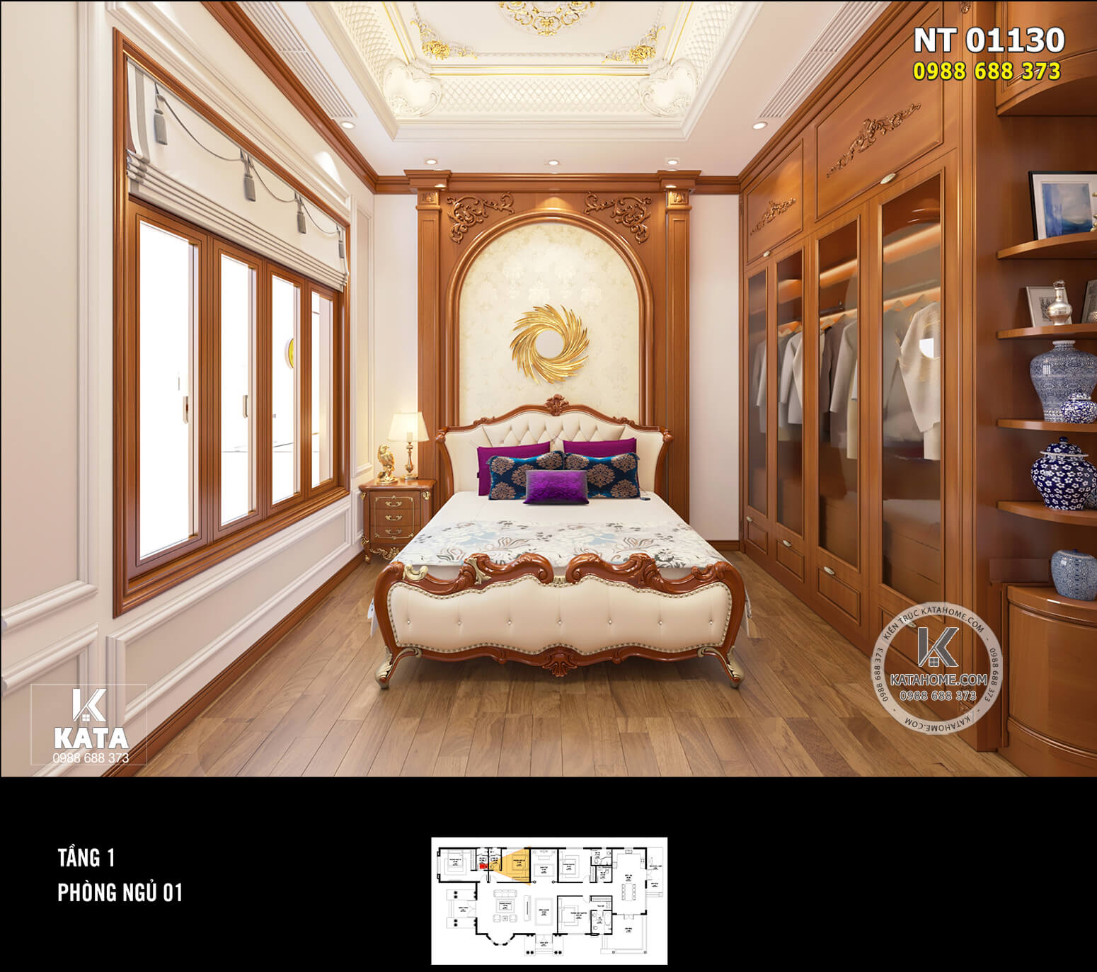 Thiết kế nội thất phòng ngủ tân cổ điển sử dụng sàn gỗ tự nhiên ấm áp