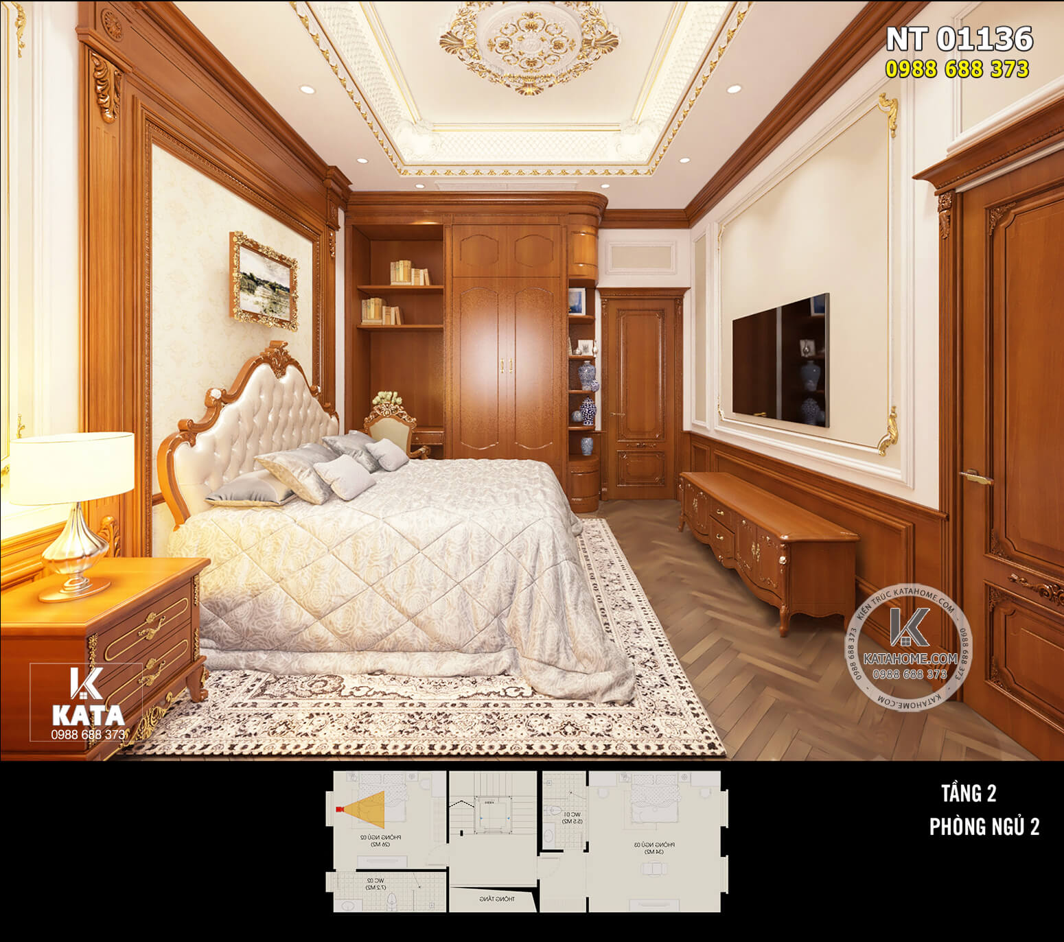 Không gian nội thất phòng ngủ tân cổ điển kết hợp giữa gỗ tự nhiên cao cấp và hệ phào chỉ tinh tế