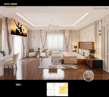 Không gian phòng ngủ master tân cổ điển rộng rãi, tiện nghi và xa hoa