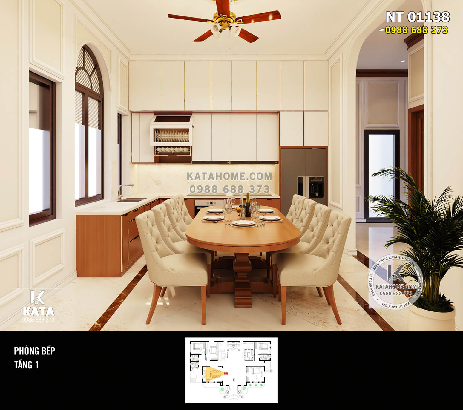 Mẫu thiết kế nội thất tân cổ điển đẹp phòng bếp mẫu biệt thự 1 tầng - Mã số: NT 01138
