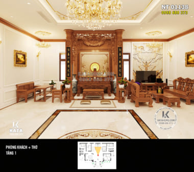 Một góc view thiết kế nội thất phòng khách kết hợp phòng thờ đẹp