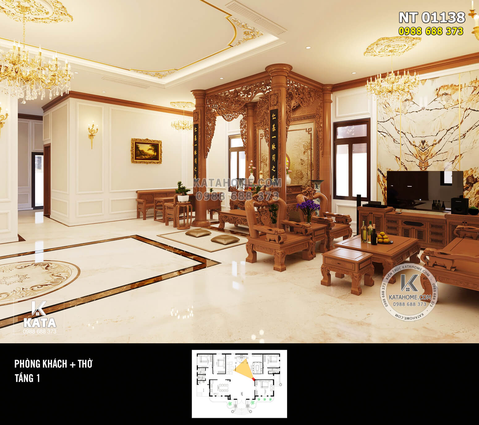 Đồ nội thất gỗ lim cao cấp kết hợp diện trang trí tân cổ điển mở ra một không gian sang trọng và đầm ấm